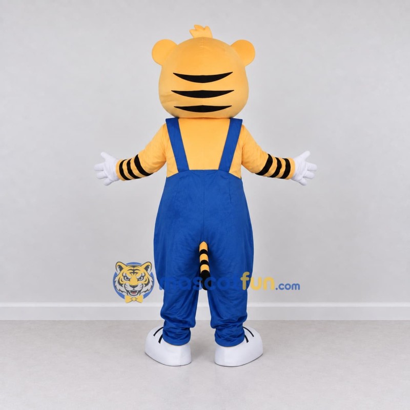 Custom Yellow Black and Blue Tiger in Overalls Mascot Costume Adult Full Body Suit for School Events Custom Yellow Black and Blue Tiger in Overalls Mascot Costume Adult Full Body Suit for School Events
