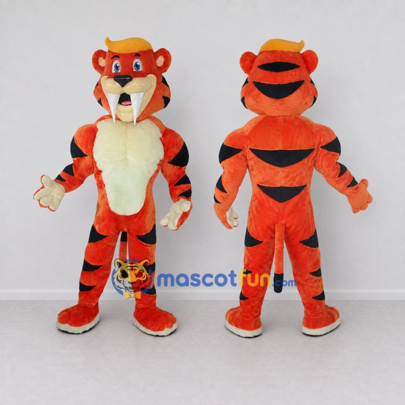 Custom Orange Black and Cream Saber-Toothed Tiger Mascot Costume Adult Full Body Suit for Themed Parties Custom Orange Black and Cream Saber-Toothed Tiger Mascot Costume Adult Full Body Suit for Themed Parties