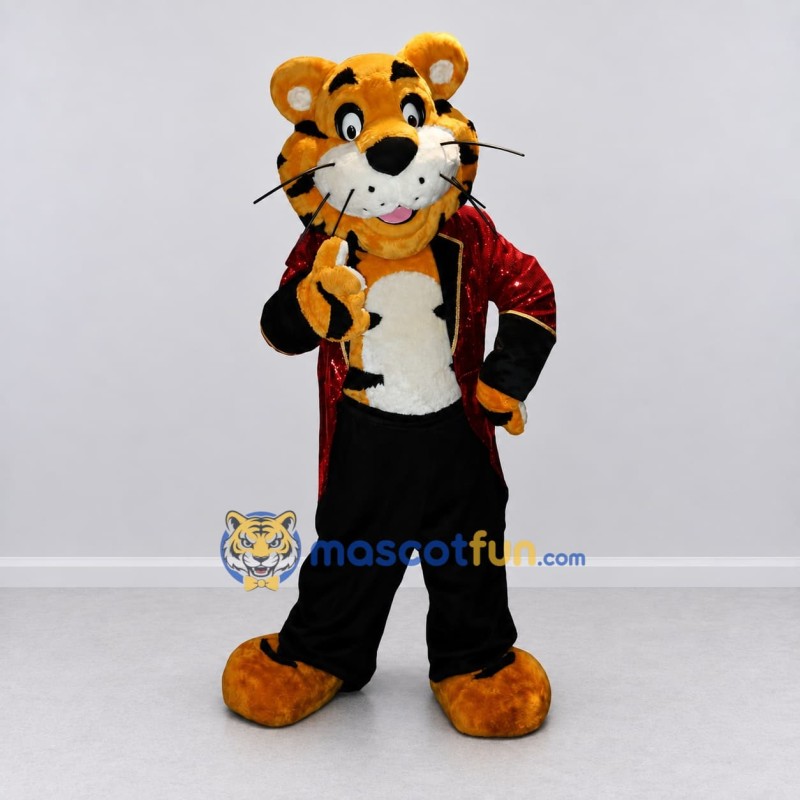 Custom Yellow Black and Red Tiger in Tailcoat Mascot Costume Adult Full Body Suit for Themed Parties Custom Yellow Black and Red Tiger in Tailcoat Mascot Costume Adult Full Body Suit for Themed Parties
