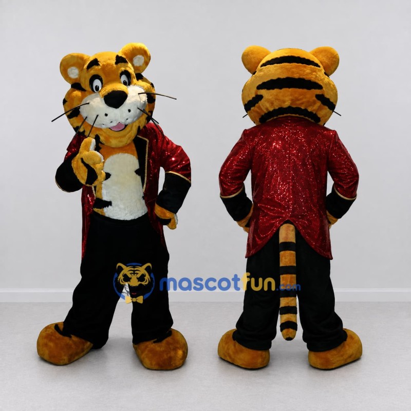 Custom Yellow Black and Red Tiger in Tailcoat Mascot Costume Adult Full Body Suit for Themed Parties Custom Yellow Black and Red Tiger in Tailcoat Mascot Costume Adult Full Body Suit for Themed Parties