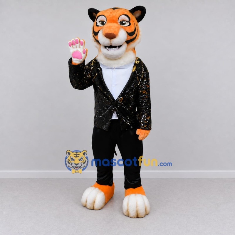 Custom Orange and Black Tiger in Sparkly Jacket Mascot Costume Adult Full Body Suit for Stage Shows Custom Orange and Black Tiger in Sparkly Jacket Mascot Costume Adult Full Body Suit for Stage Shows