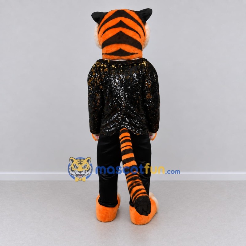 Custom Orange and Black Tiger in Sparkly Jacket Mascot Costume Adult Full Body Suit for Stage Shows Custom Orange and Black Tiger in Sparkly Jacket Mascot Costume Adult Full Body Suit for Stage Shows