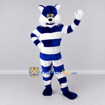 Custom Navy Blue and White Striped Canine Character Mascot Costume Adult Full Body Suit for Themed Parties Custom Navy Blue and White Striped Canine Character Mascot Costume Adult Full Body Suit for Themed Parties