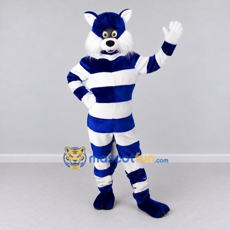Custom Navy Blue and White Striped Canine Character Mascot Costume Adult Full Body Suit for Themed Parties Custom Navy Blue and White Striped Canine Character Mascot Costume Adult Full Body Suit for Themed Parties