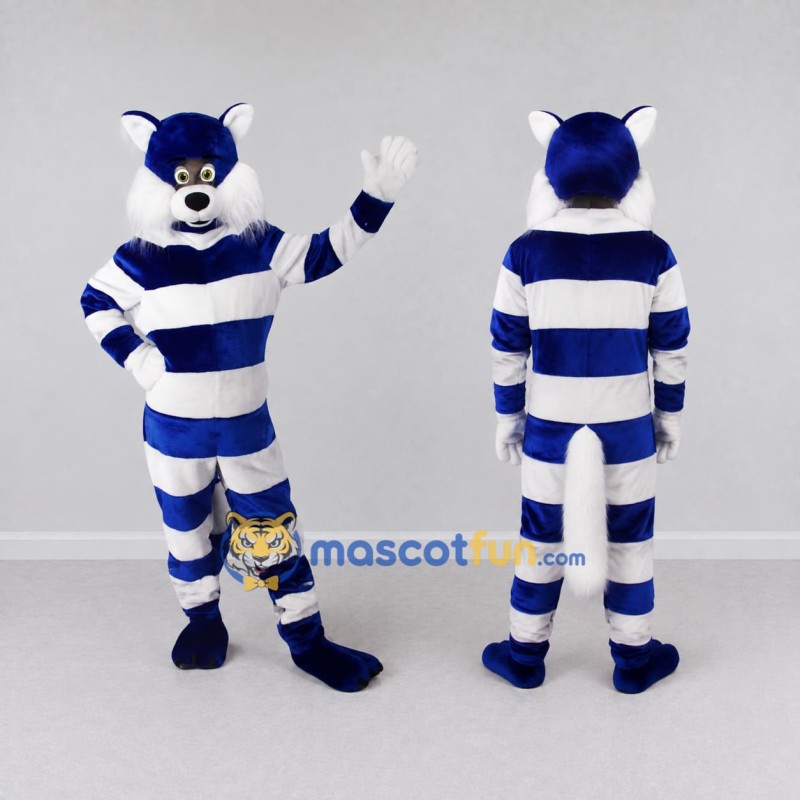 Custom Navy Blue and White Striped Canine Character Mascot Costume Adult Full Body Suit for Themed Parties Custom Navy Blue and White Striped Canine Character Mascot Costume Adult Full Body Suit for Themed Parties