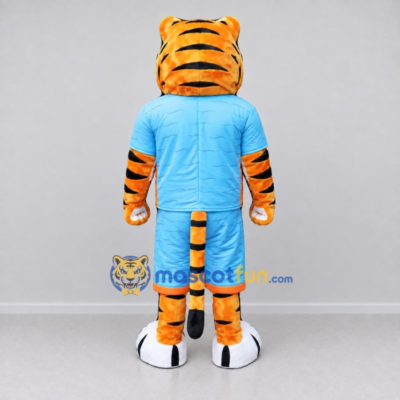 Custom Orange and Light Blue Tiger in Sportswear Mascot Costume Adult Full Body Suit for Sports Events Custom Orange and Light Blue Tiger in Sportswear Mascot Costume Adult Full Body Suit for Sports Events