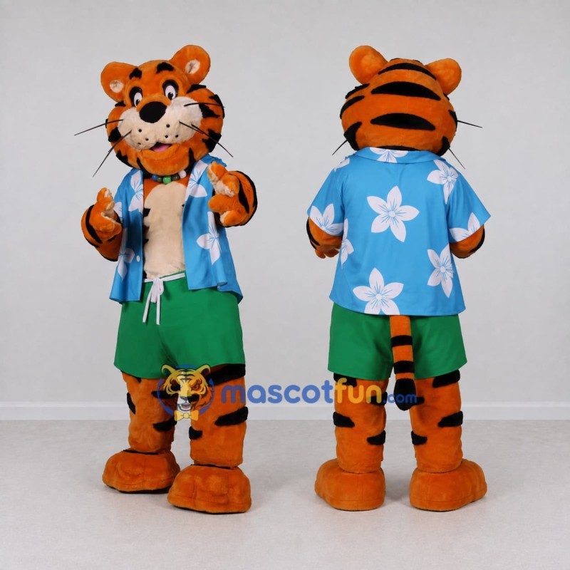 Custom Orange Blue and Green Tiger in Hawaiian Shirt Mascot Costume Adult Full Body Suit for Summer Events Custom Orange Blue and Green Tiger in Hawaiian Shirt Mascot Costume Adult Full Body Suit for Summer Events