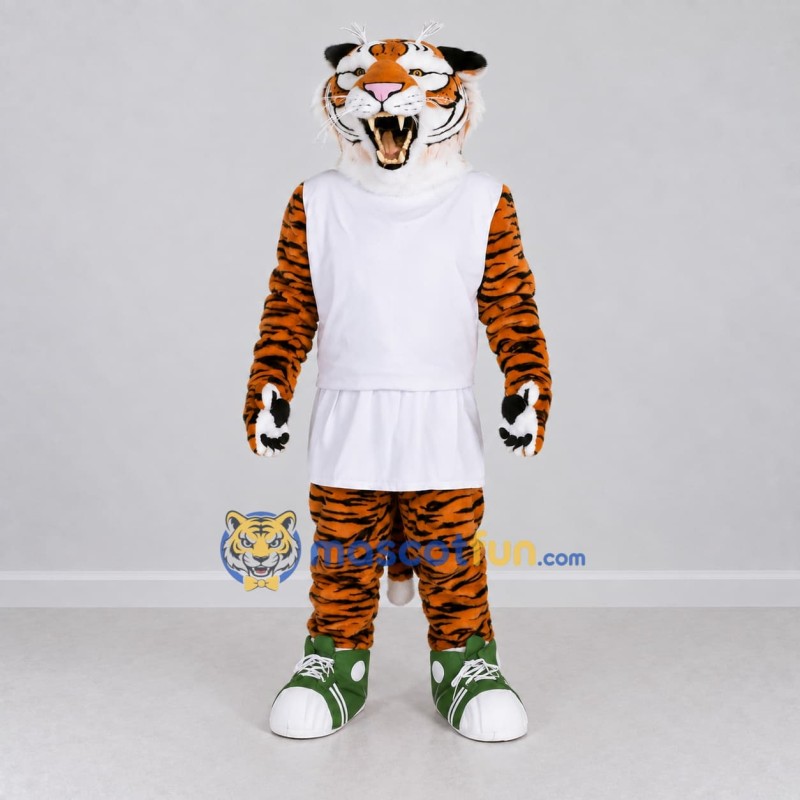 Custom Orange Black and White Tiger in Sportswear Mascot Costume Adult Full Body Suit for Sports Events Custom Orange Black and White Tiger in Sportswear Mascot Costume Adult Full Body Suit for Sports Events