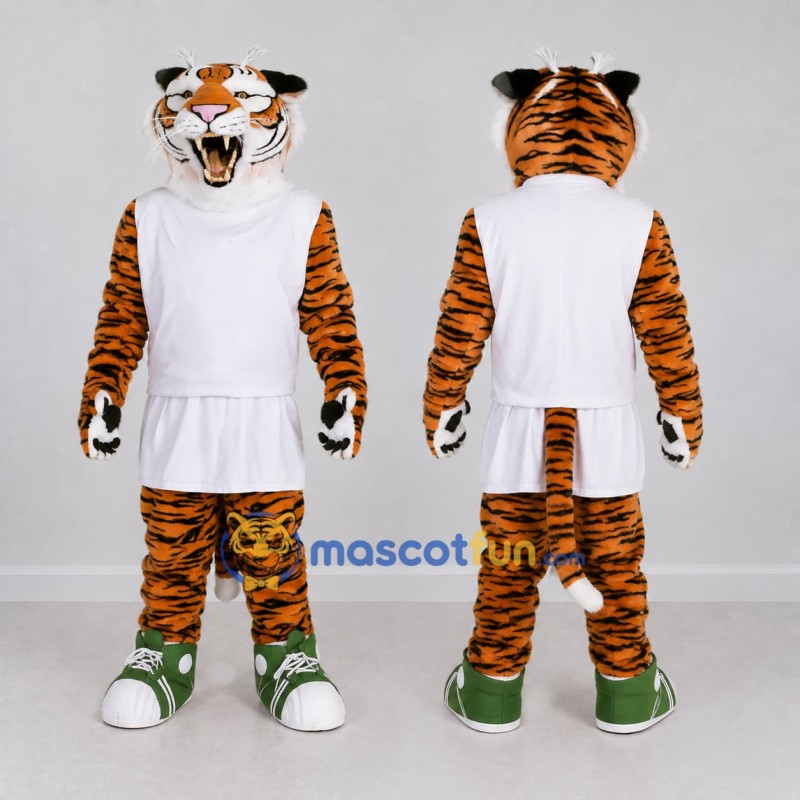 Custom Orange Black and White Tiger in Sportswear Mascot Costume Adult Full Body Suit for Sports Events Custom Orange Black and White Tiger in Sportswear Mascot Costume Adult Full Body Suit for Sports Events