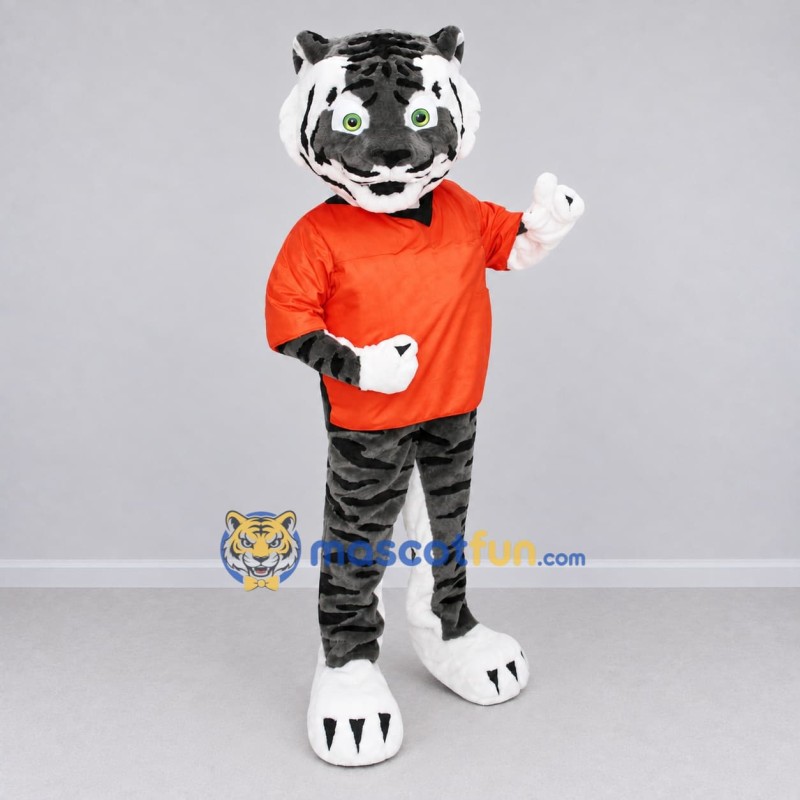Custom Gray Black and Orange Tiger in T-Shirt Mascot Costume Adult Full Body Suit for Sports Events Custom Gray Black and Orange Tiger in T-Shirt Mascot Costume Adult Full Body Suit for Sports Events