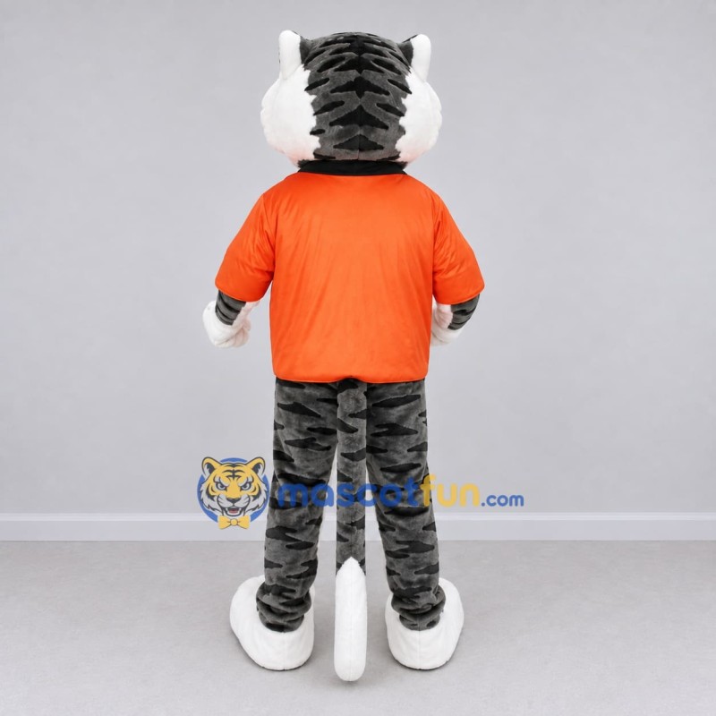 Custom Gray Black and Orange Tiger in T-Shirt Mascot Costume Adult Full Body Suit for Sports Events Custom Gray Black and Orange Tiger in T-Shirt Mascot Costume Adult Full Body Suit for Sports Events