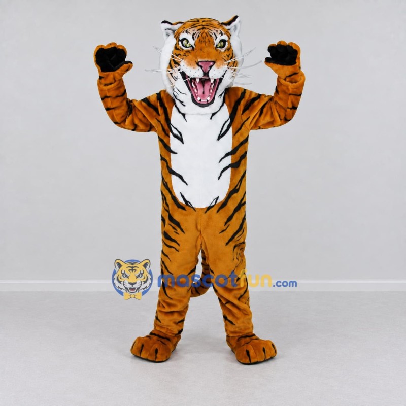 Custom Golden Brown Black and White Roaring Tiger Mascot Costume Adult Full Body Suit for Sports Events Custom Golden Brown Black and White Roaring Tiger Mascot Costume Adult Full Body Suit for Sports Events