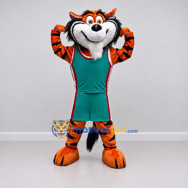 Custom Orange Black and Green Striped Feline in Sportswear Mascot Costume Adult Full Body Suit for Sports Events Custom Orange Black and Green Striped Feline in Sportswear Mascot Costume Adult Full Body Suit for Sports Events