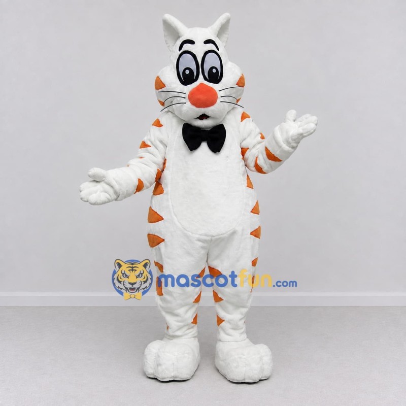 Custom White Orange and Black Tabby Cat with Bow Tie Mascot Costume Adult Full Body Suit for Themed Parties Custom White Orange and Black Tabby Cat with Bow Tie Mascot Costume Adult Full Body Suit for Themed Parties