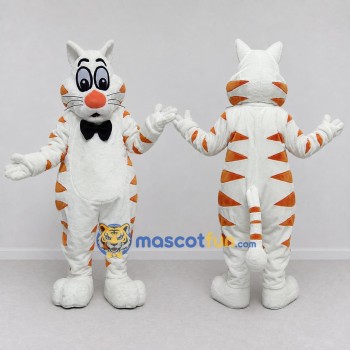Custom White Orange and Black Tabby Cat with Bow Tie Mascot Costume Adult Full Body Suit for Themed Parties