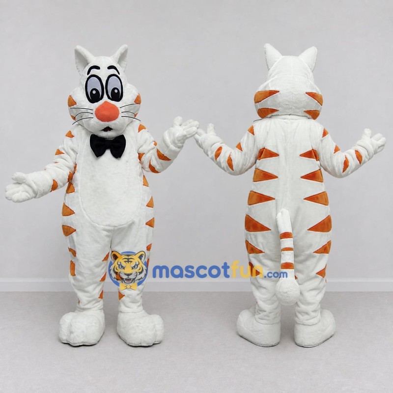 Custom White Orange and Black Tabby Cat with Bow Tie Mascot Costume Adult Full Body Suit for Themed Parties Custom White Orange and Black Tabby Cat with Bow Tie Mascot Costume Adult Full Body Suit for Themed Parties