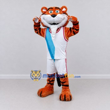 Custom Orange White and Blue Tiger in Sportswear Mascot Costume Adult Full Body Suit for Sports Events