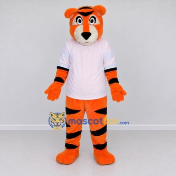 Custom Orange Black and White Tiger in T-Shirt Mascot Costume Adult Full Body Suit for Sports Events Custom Orange Black and White Tiger in T-Shirt Mascot Costume Adult Full Body Suit for Sports Events