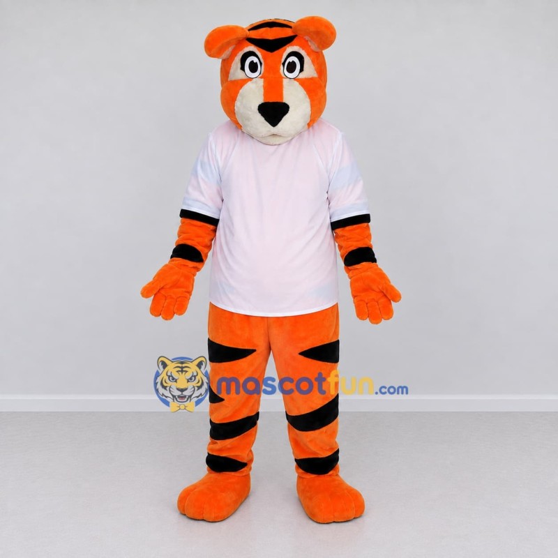 Custom Orange Black and White Tiger in T-Shirt Mascot Costume Adult Full Body Suit for Sports Events Custom Orange Black and White Tiger in T-Shirt Mascot Costume Adult Full Body Suit for Sports Events
