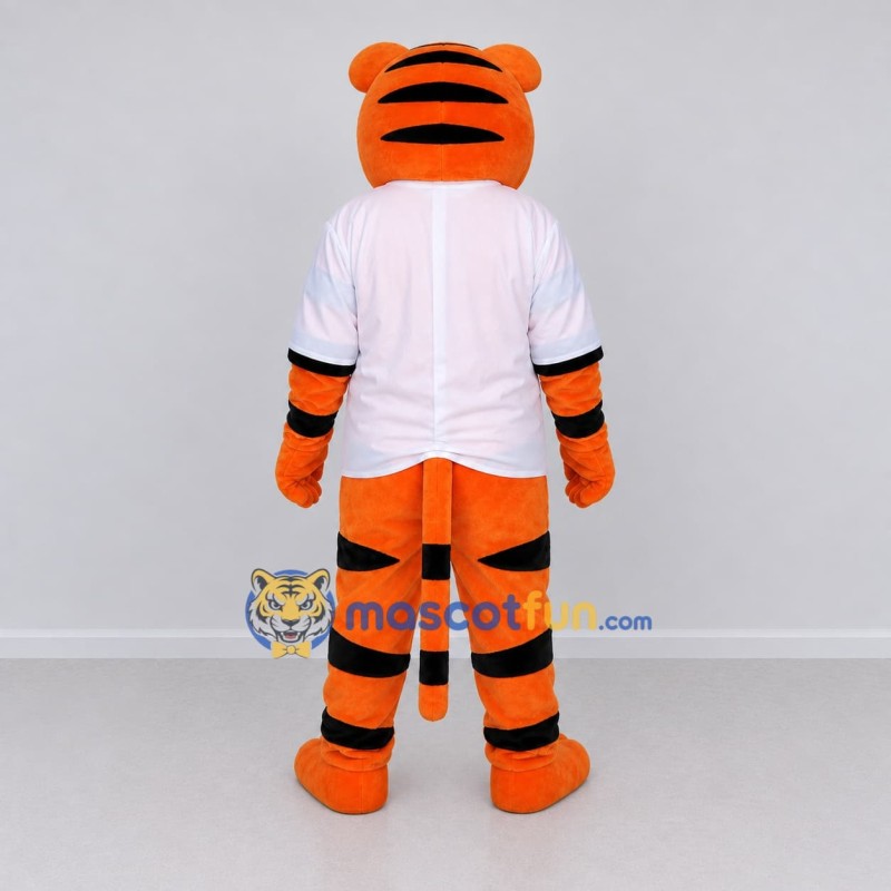 Custom Orange Black and White Tiger in T-Shirt Mascot Costume Adult Full Body Suit for Sports Events Custom Orange Black and White Tiger in T-Shirt Mascot Costume Adult Full Body Suit for Sports Events