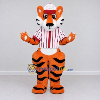 Custom Orange Red and White Tiger in Striped Shirt Mascot Costume Adult Full Body Suit for Restaurant Promotions