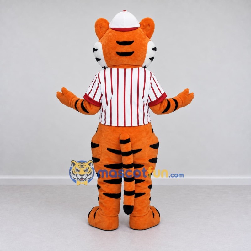 Custom Orange Red and White Tiger in Striped Shirt Mascot Costume Adult Full Body Suit for Restaurant Promotions Custom Orange Red and White Tiger in Striped Shirt Mascot Costume Adult Full Body Suit for Restaurant Promotions