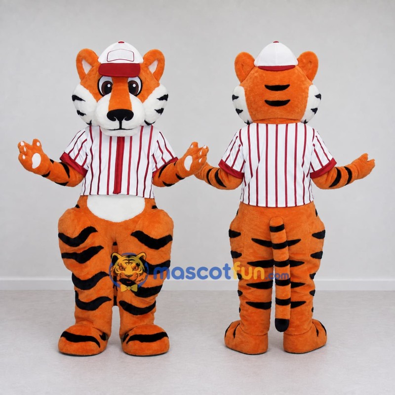 Custom Orange Red and White Tiger in Striped Shirt Mascot Costume Adult Full Body Suit for Restaurant Promotions Custom Orange Red and White Tiger in Striped Shirt Mascot Costume Adult Full Body Suit for Restaurant Promotions