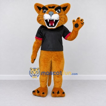 Custom Golden Brown and Black Big Cat in T-Shirt Mascot Costume Adult Full Body Suit for Sports Events Custom Golden Brown and Black Big Cat in T-Shirt Mascot Costume Adult Full Body Suit for Sports Events