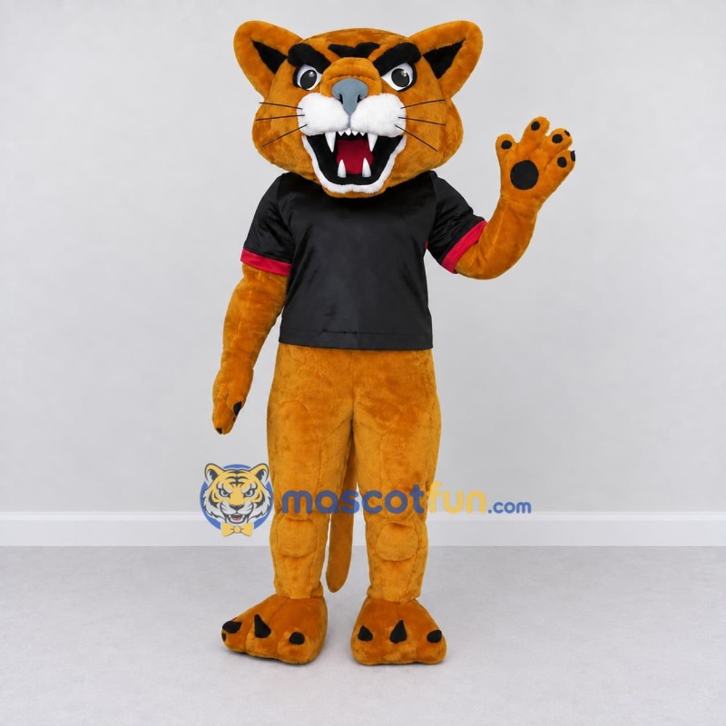 Custom Golden Brown and Black Big Cat in T-Shirt Mascot Costume Adult Full Body Suit for Sports Events Custom Golden Brown and Black Big Cat in T-Shirt Mascot Costume Adult Full Body Suit for Sports Events