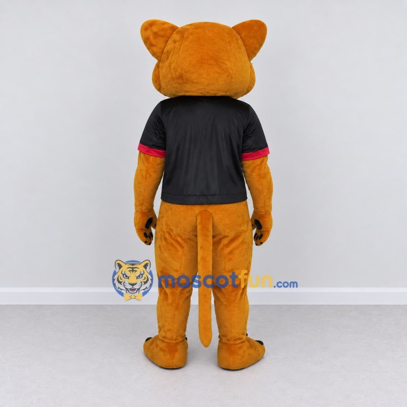 Custom Golden Brown and Black Big Cat in T-Shirt Mascot Costume Adult Full Body Suit for Sports Events Custom Golden Brown and Black Big Cat in T-Shirt Mascot Costume Adult Full Body Suit for Sports Events