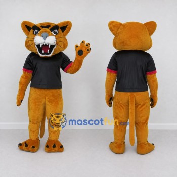 Custom Golden Brown and Black Big Cat in T-Shirt Mascot Costume Adult Full Body Suit for Sports Events