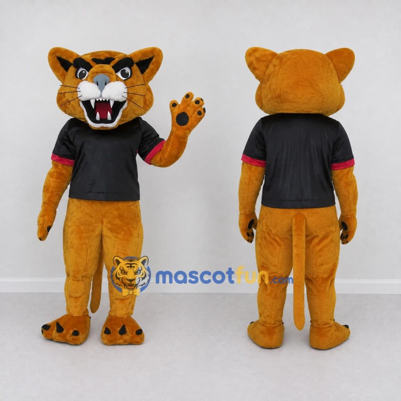 Custom Golden Brown and Black Big Cat in T-Shirt Mascot Costume Adult Full Body Suit for Sports Events Custom Golden Brown and Black Big Cat in T-Shirt Mascot Costume Adult Full Body Suit for Sports Events