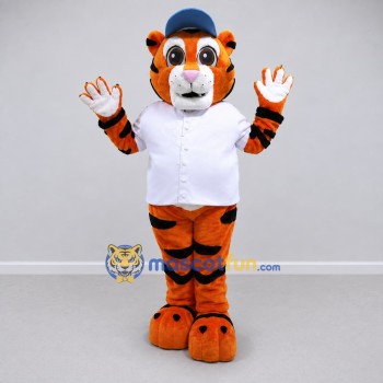 Custom Orange White and Blue Tiger in Baseball Jersey Mascot Costume Adult Full Body Suit for Baseball Events Custom Orange White and Blue Tiger in Baseball Jersey Mascot Costume Adult Full Body Suit for Baseball Events