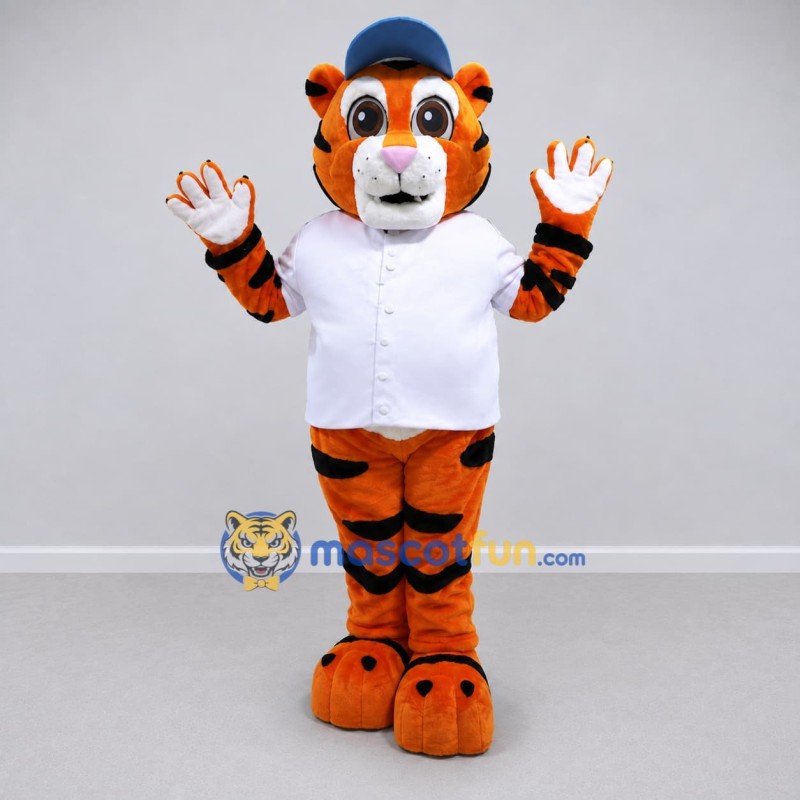 Custom Orange White and Blue Tiger in Baseball Jersey Mascot Costume Adult Full Body Suit for Baseball Events Custom Orange White and Blue Tiger in Baseball Jersey Mascot Costume Adult Full Body Suit for Baseball Events