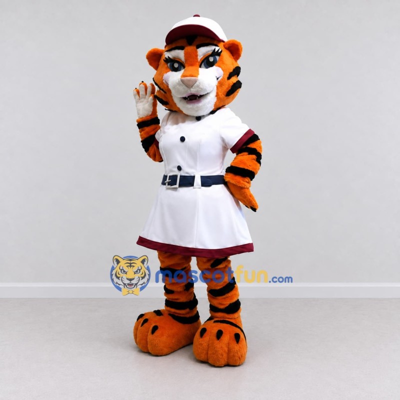 Custom Orange White and Burgundy Tiger in Baseball Uniform Mascot Costume Adult Full Body Suit for Baseball Events Custom Orange White and Burgundy Tiger in Baseball Uniform Mascot Costume Adult Full Body Suit for Baseball Events