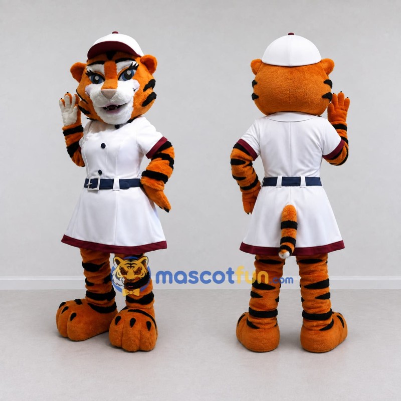 Custom Orange White and Burgundy Tiger in Baseball Uniform Mascot Costume Adult Full Body Suit for Baseball Events Custom Orange White and Burgundy Tiger in Baseball Uniform Mascot Costume Adult Full Body Suit for Baseball Events
