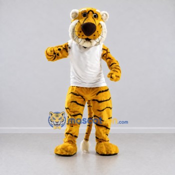 Custom Yellow Black and White Tiger in T-Shirt Mascot Costume Adult Full Body Suit for Sports Events Custom Yellow Black and White Tiger in T-Shirt Mascot Costume Adult Full Body Suit for Sports Events