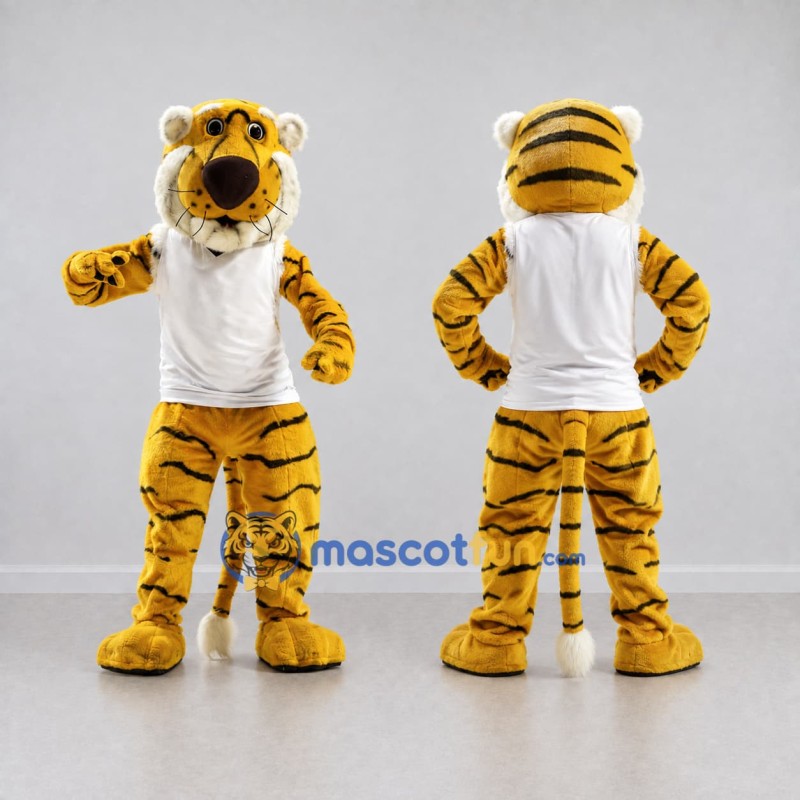 Custom Yellow Black and White Tiger in T-Shirt Mascot Costume Adult Full Body Suit for Sports Events Custom Yellow Black and White Tiger in T-Shirt Mascot Costume Adult Full Body Suit for Sports Events