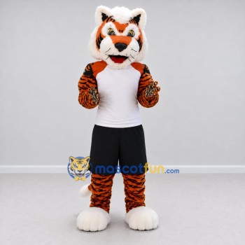 Custom Orange Black and White Tiger in Sportswear Mascot Costume Adult Full Body Suit for Sports Events Custom Orange Black and White Tiger in Sportswear Mascot Costume Adult Full Body Suit for Sports Events