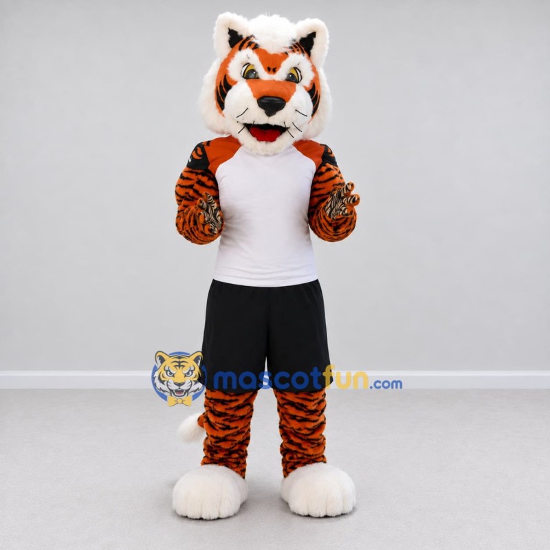 Custom Orange Black and White Tiger in Sportswear Mascot Costume Adult Full Body Suit for Sports Events Custom Orange Black and White Tiger in Sportswear Mascot Costume Adult Full Body Suit for Sports Events