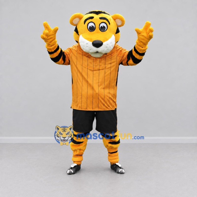 Custom Yellow Orange and Black Tiger in Sportswear Mascot Costume Adult Full Body Suit for Sports Events Custom Yellow Orange and Black Tiger in Sportswear Mascot Costume Adult Full Body Suit for Sports Events