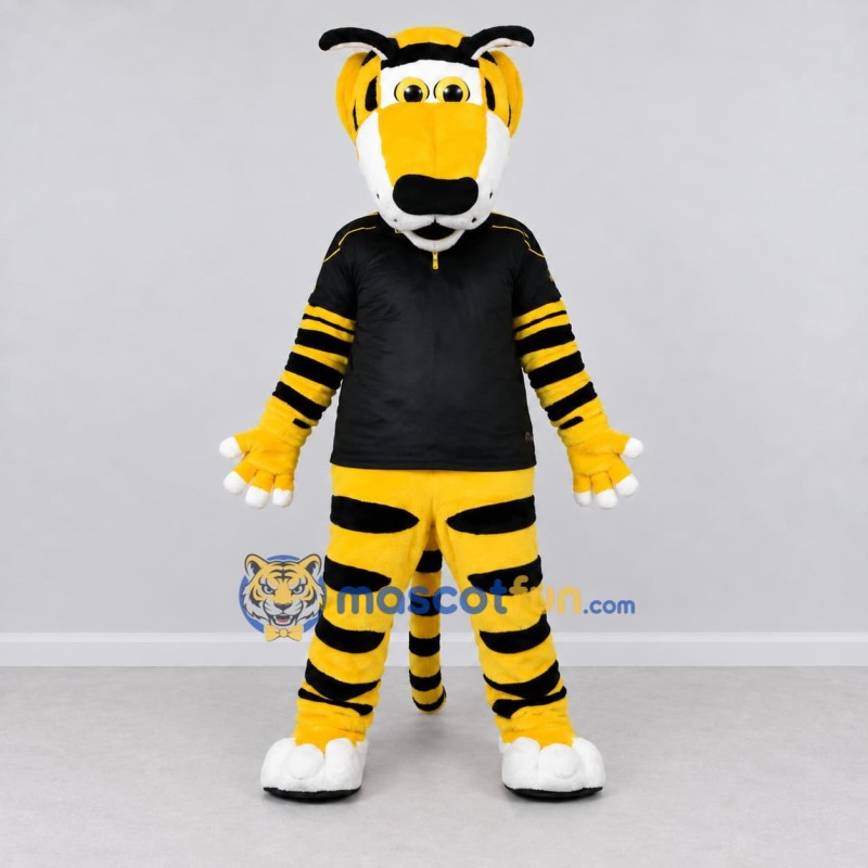 Custom Yellow Black and White Tiger in T-Shirt Mascot Costume Adult Full Body Suit for Sports Events Custom Yellow Black and White Tiger in T-Shirt Mascot Costume Adult Full Body Suit for Sports Events