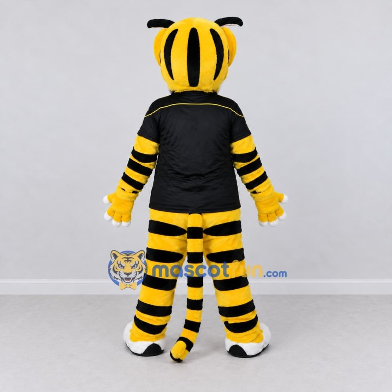 Custom Yellow Black and White Tiger in T-Shirt Mascot Costume Adult Full Body Suit for Sports Events Custom Yellow Black and White Tiger in T-Shirt Mascot Costume Adult Full Body Suit for Sports Events