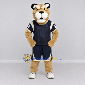 Custom Tan and Navy Blue Big Cat in Sportswear Mascot Costume Adult Full Body Suit for Sports Events