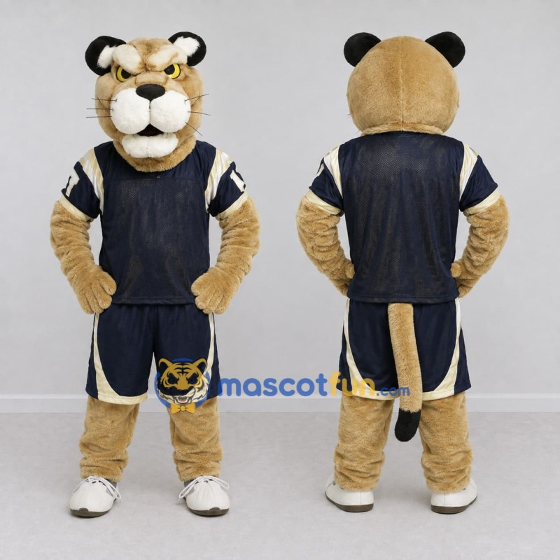 Custom Tan and Navy Blue Big Cat in Sportswear Mascot Costume Adult Full Body Suit for Sports Events