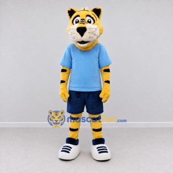 Custom Yellow Black and Blue Tiger in Sportswear Mascot Costume Adult Full Body Suit for Sports Events Custom Yellow Black and Blue Tiger in Sportswear Mascot Costume Adult Full Body Suit for Sports Events