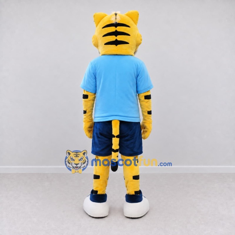 Custom Yellow Black and Blue Tiger in Sportswear Mascot Costume Adult Full Body Suit for Sports Events Custom Yellow Black and Blue Tiger in Sportswear Mascot Costume Adult Full Body Suit for Sports Events