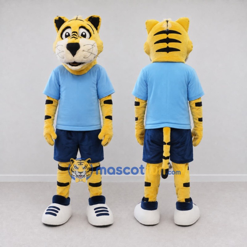 Custom Yellow Black and Blue Tiger in Sportswear Mascot Costume Adult Full Body Suit for Sports Events Custom Yellow Black and Blue Tiger in Sportswear Mascot Costume Adult Full Body Suit for Sports Events