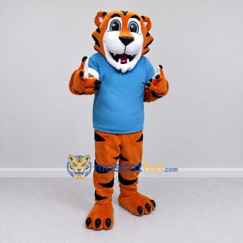 Custom Orange and Blue Tiger in T-Shirt Mascot Costume Adult Full Body Suit for Sports Events