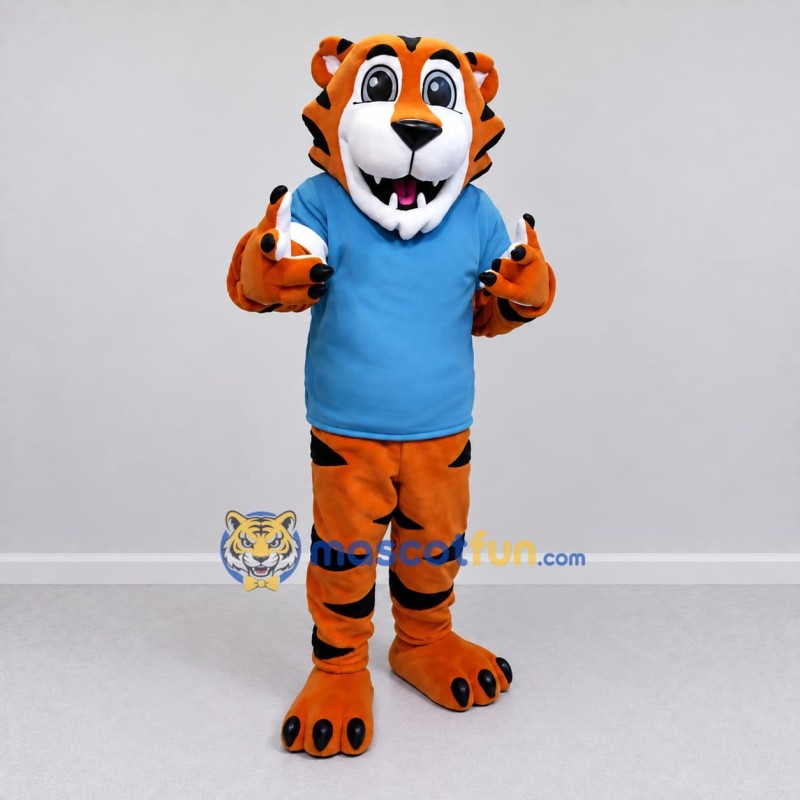 Custom Orange and Blue Tiger in T-Shirt Mascot Costume Adult Full Body Suit for Sports Events Custom Orange and Blue Tiger in T-Shirt Mascot Costume Adult Full Body Suit for Sports Events